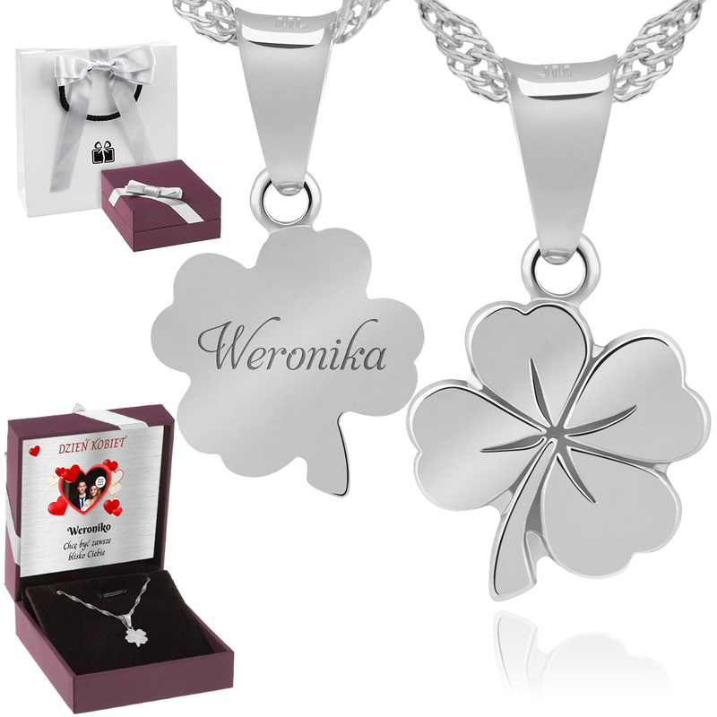 Wisiorek koniczynka pr. 925 z łańcuszkiem, grawerem i tabliczką