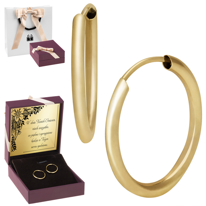 Złote kolczyki koła 333 z tabliczką w pudełku prezentowym