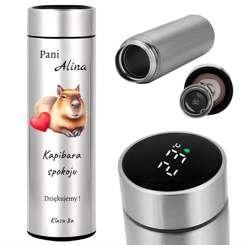 Srebrny kubek termiczny z wyświetlaczem LED – personalizowany trwałym nadrukiem UV dla nauczyciela