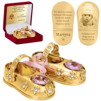 Złote buciki różowe kryształy