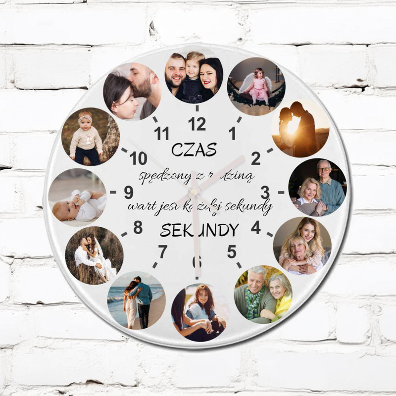 Szklany zegar ścienny z Twoimi zdjęciami Prezent dla rodziny mamy dziadków