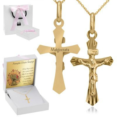 Złoty krzyżyk z łańcuszkiem, grawerem i dedykacją