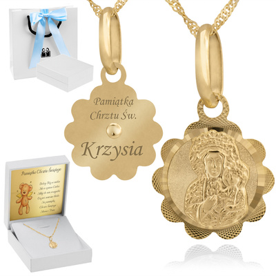 Medalik + łańcuszek singapur + tabliczka + pudełeczko i torebka błękit