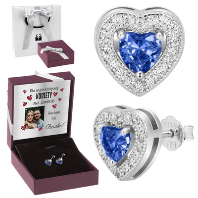 Srebrne Kolczyki 925 Serca Z Cyrkonią \ niebieskie