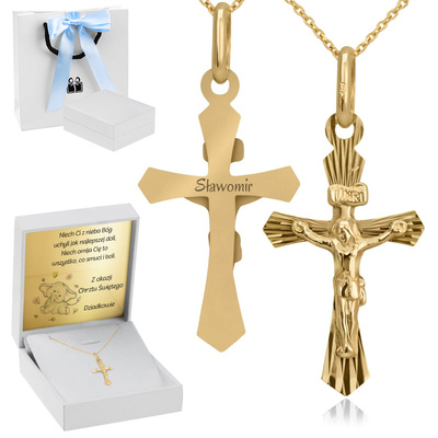 Złoty krzyżyk z łańcuszkiem, grawerem i dedykacją