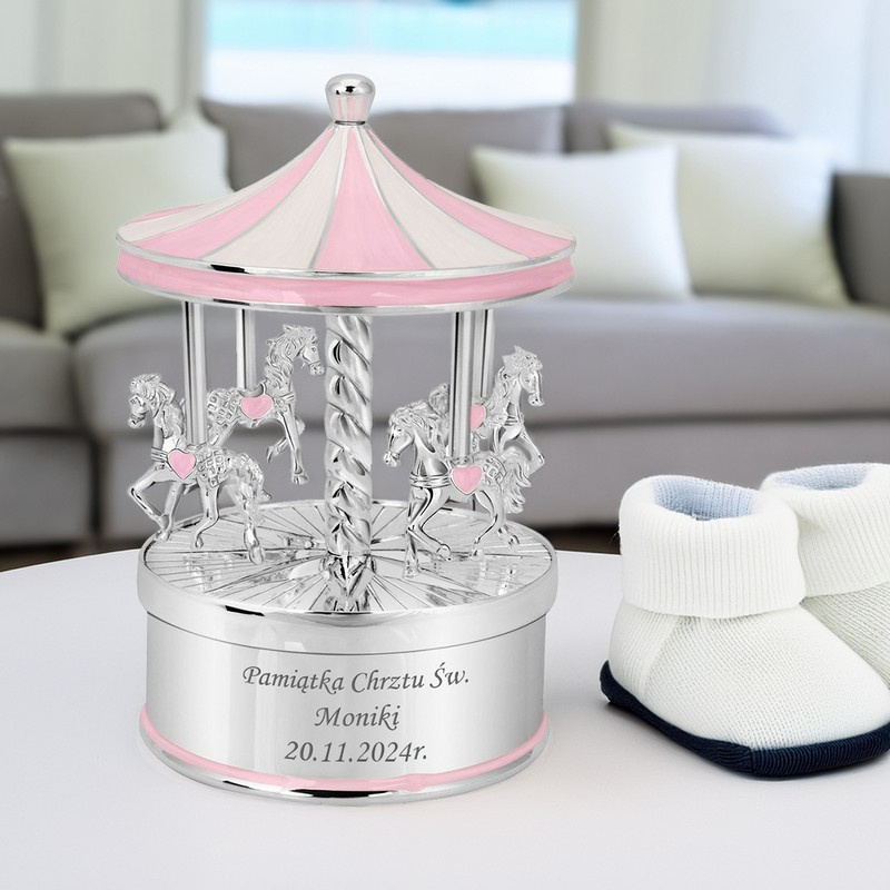 Pozytywka karuzela różowa posrebrzana z grawerem na Chrzest