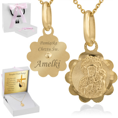 Medalik + łańcuszek ankier + tabliczka + pudełeczko i torebka róż