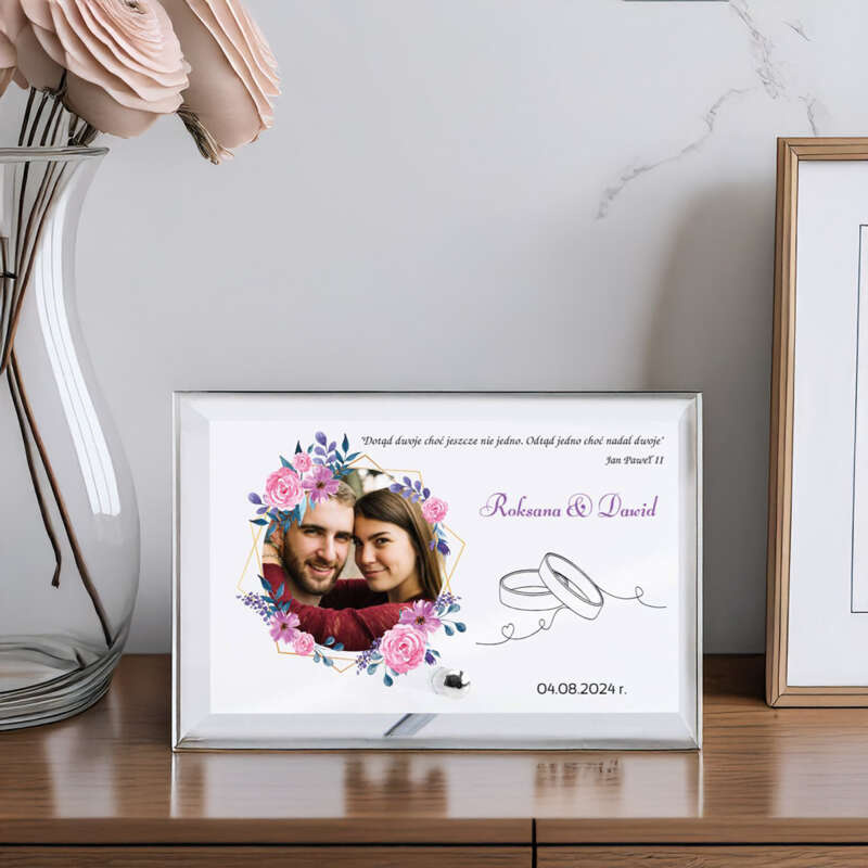 Szklana statuetka z Kolorowym Nadrukiem - Twój indywidualny tekst i grafika na Ślub  15.5 cm x 24.5 cm